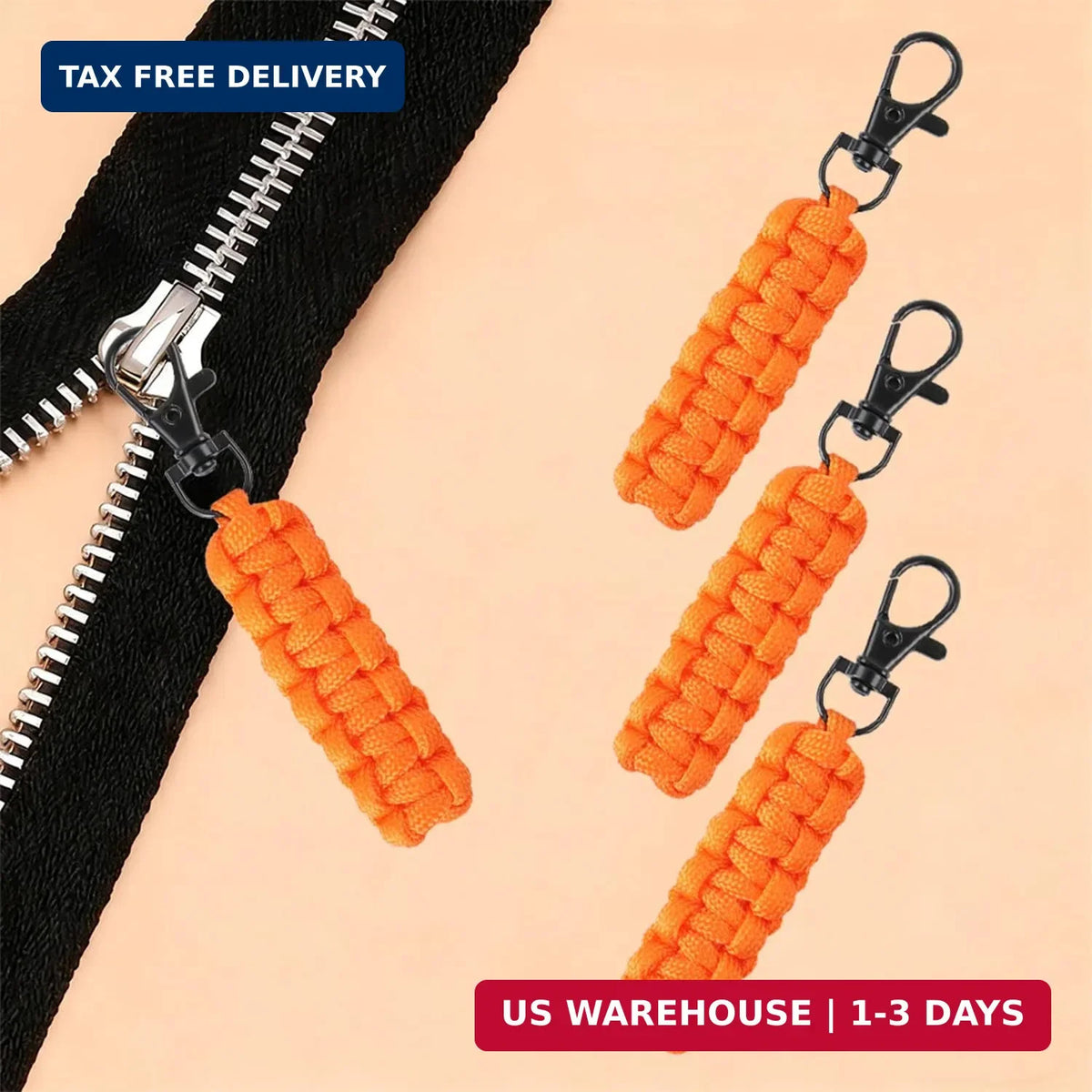 Paracord Zipper Pull Replacement Set with Metal Clasp for Backpack, Jacket, and Gear - Orange