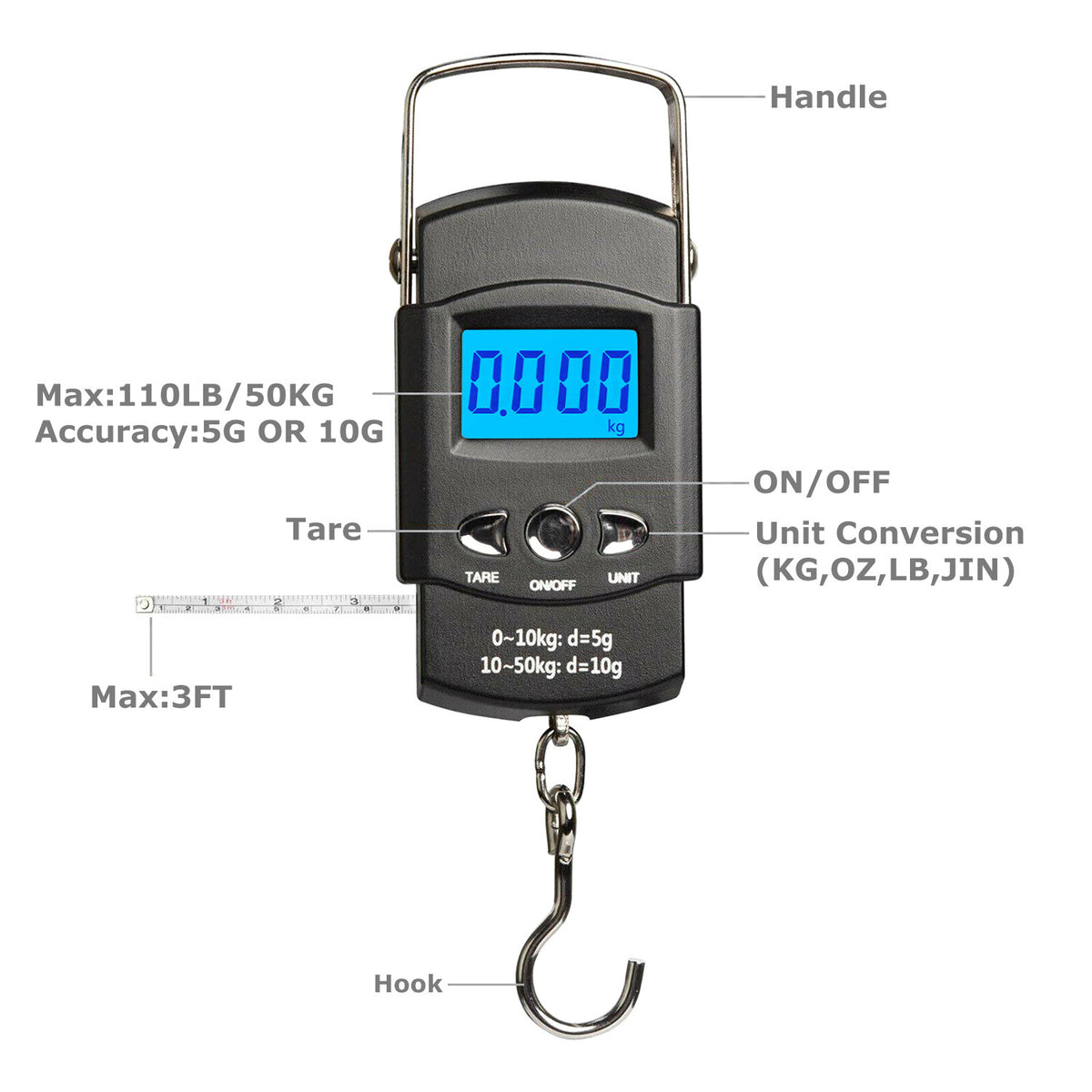Digital Fishing Scale 50kg Portable Luggage Weight with LCD Display