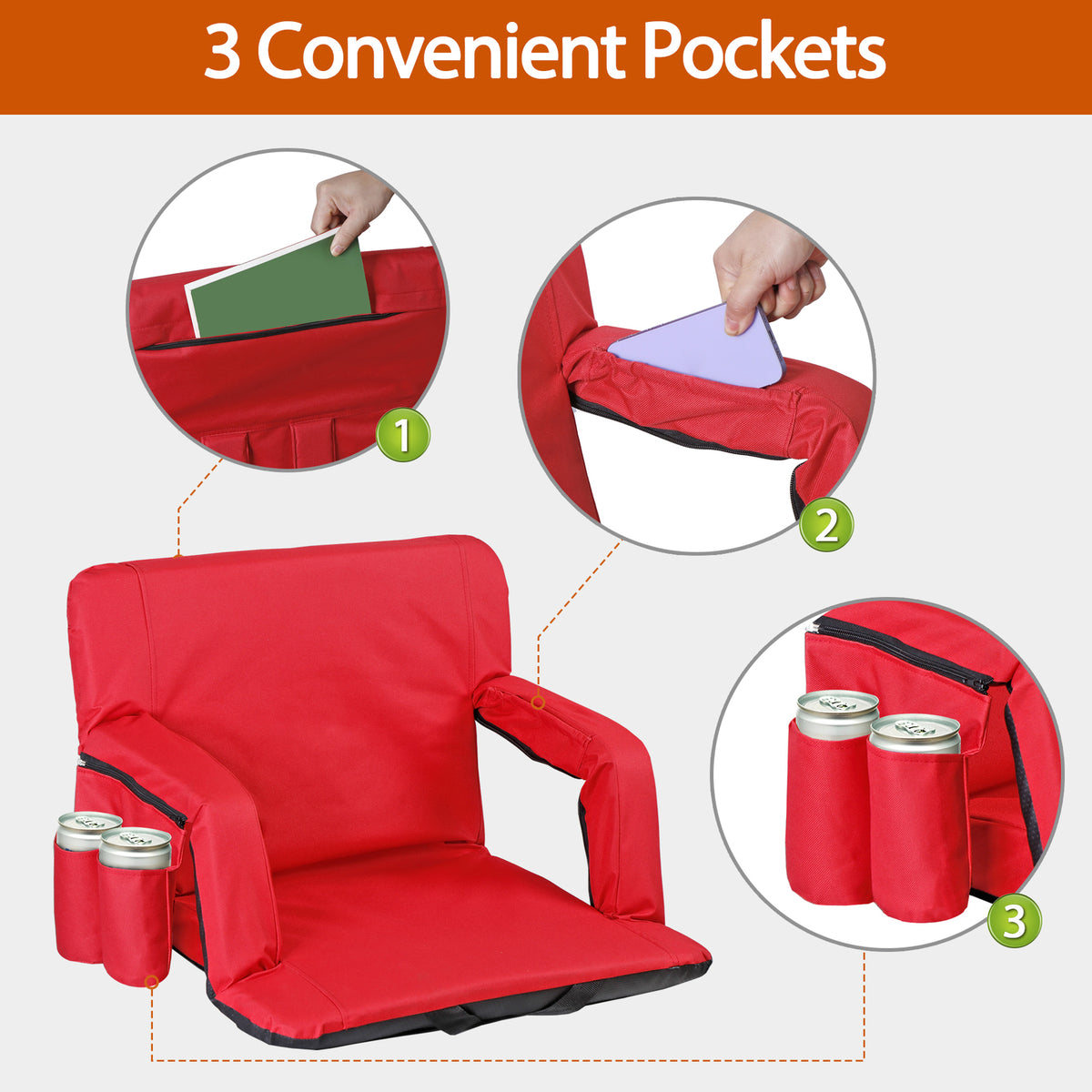 Portable Stadium Seat with Recline & Padded Backrest - Red