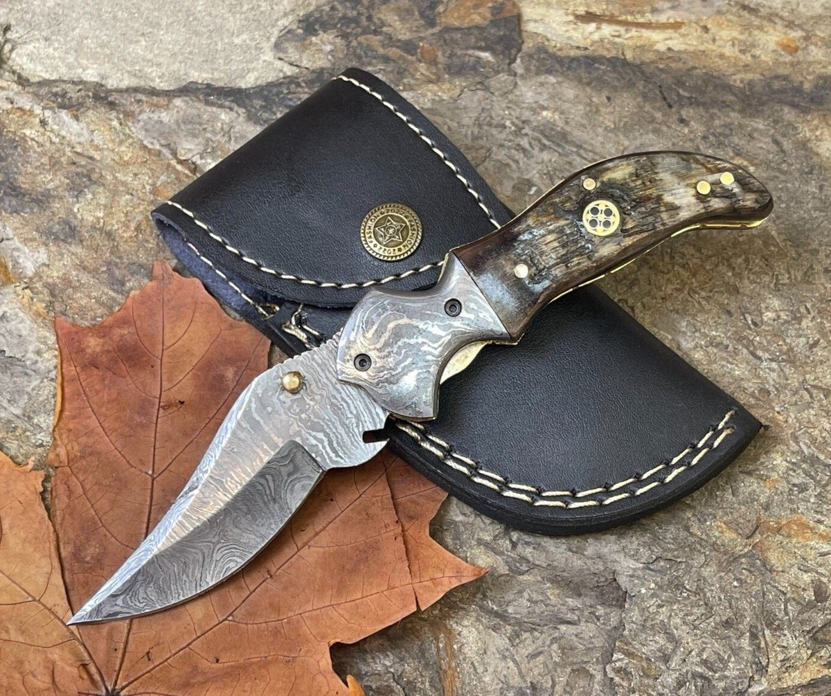 Damascus Folding Pocket Knife with Small Defects Handmade, Multiple Variants