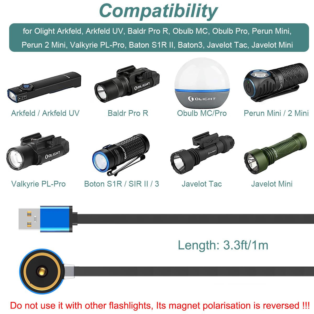 USB Charging Cable for Olight Flashlights - Arkpro, Arkfeld, Baldr Pro, Obulb Pro