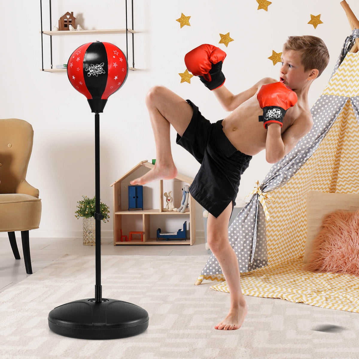 Kids Adjustable Inflatable Punching Bag Set with Stand Boxing Gloves & Pump
