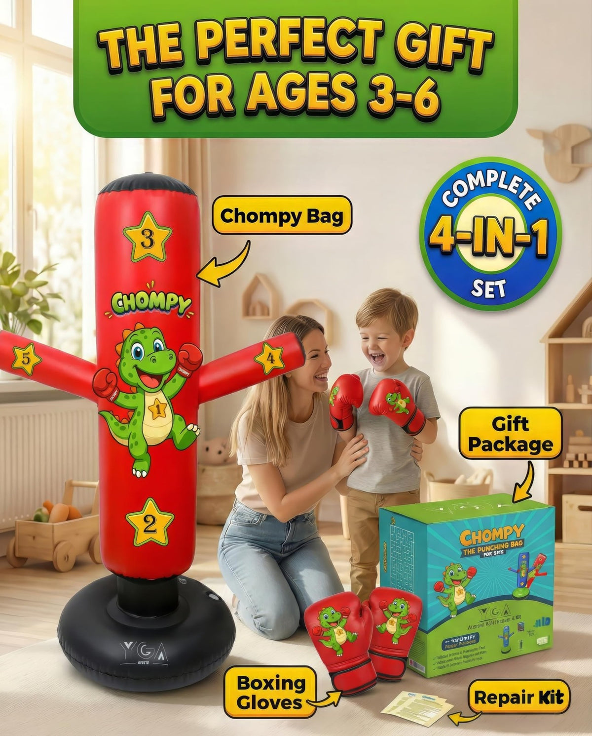 Kids Punching Bag 48 Inch Dino Dinosaur with Gloves for Martial Arts Play