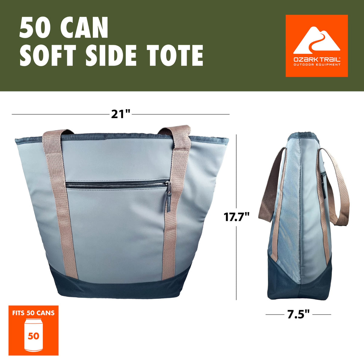 17.44 Qt Soft-Sided Cooler Tote for 50 Cans - Gray Outdoor Cooler