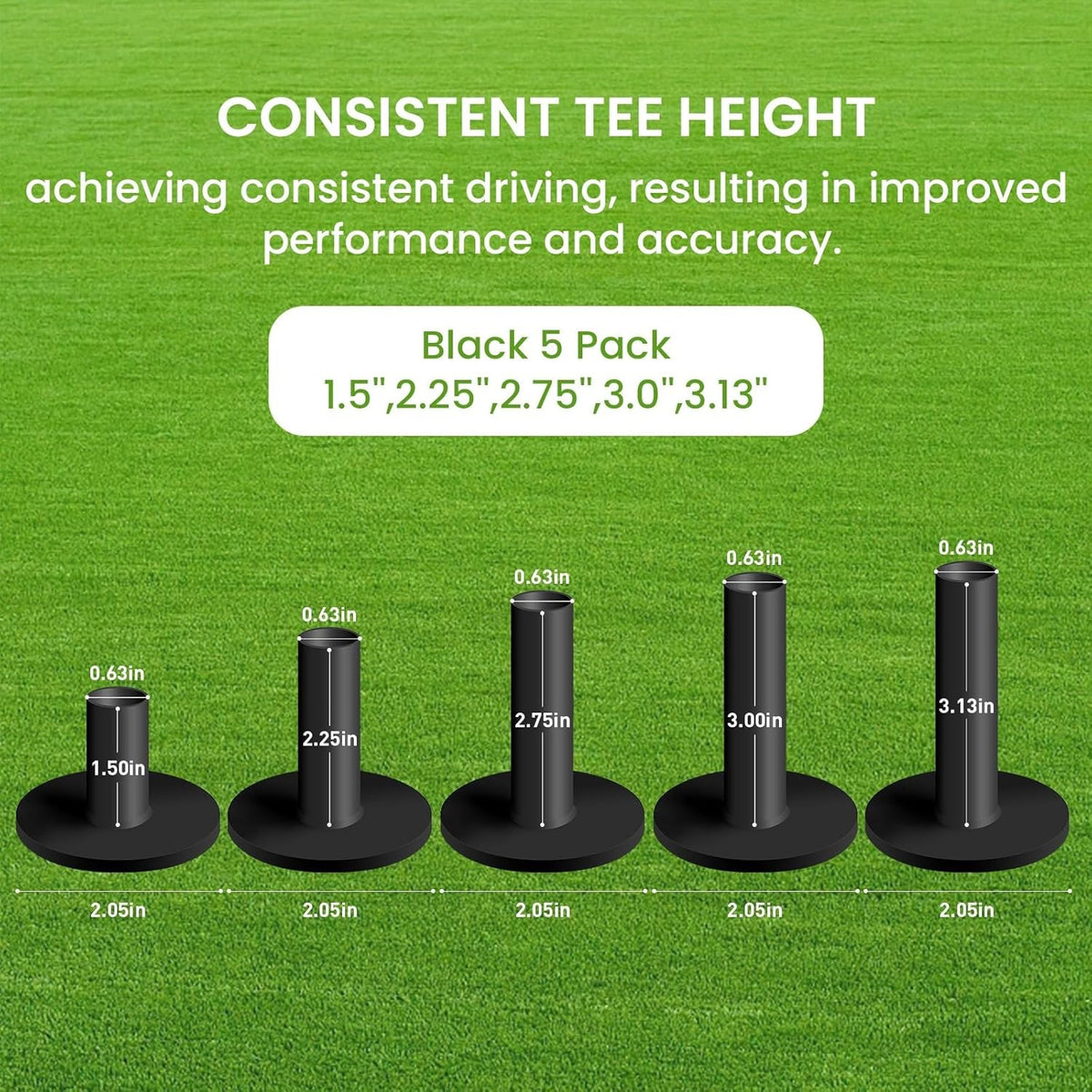 Golf Rubber Tees 5 Pcs Mixed Sizes for Driving Range & Practice Mat