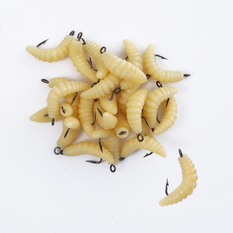 Rubber Maggots Fishing Lures Set with Hooks for Bass Trout Crappie Bluegill - Multiple Sizes