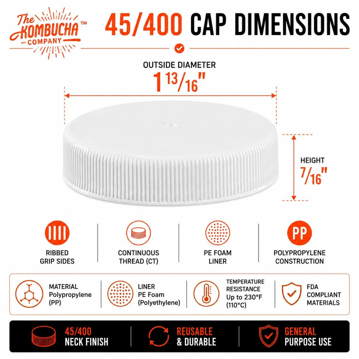 45mm White Ribbed Polypropylene Bottle Caps with PE Foam Liners - 45/400