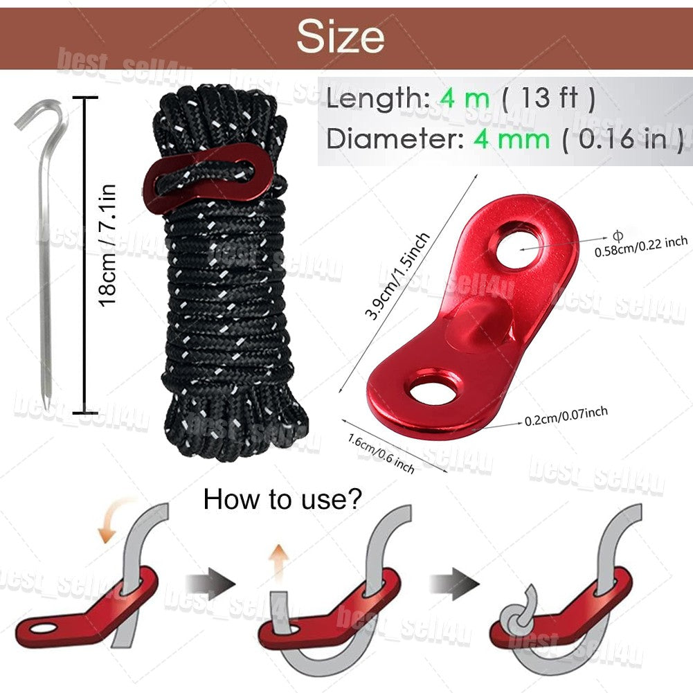 Reflective Tent Guy Lines Kit with Aluminum Tensioners and Stakes - Heavy Duty Camping Rope Set