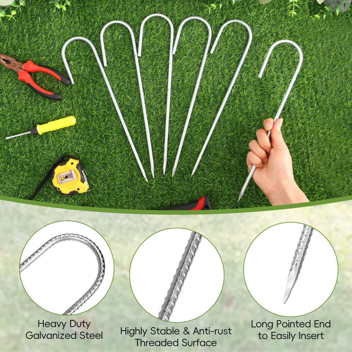 12 Inch Rebar Stakes Set - Rust-Proof Metal Tent & Landscape Ground Stakes