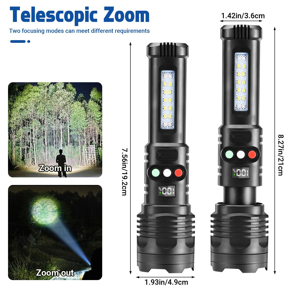 Rechargeable 990000 Lumen LED Tactical Flashlight with 3 Color Modes and COB Work Light