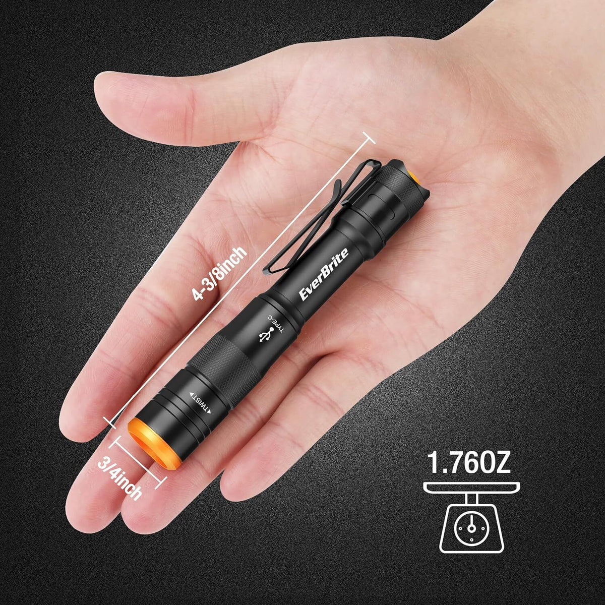 Rechargeable Mini Pen Light with USB-C, 300 Lumens, Clip, Black