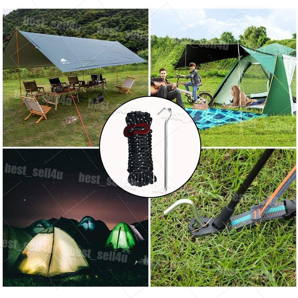 Reflective Tent Guy Lines Kit with Aluminum Tensioners and Stakes - Heavy Duty Camping Rope Set