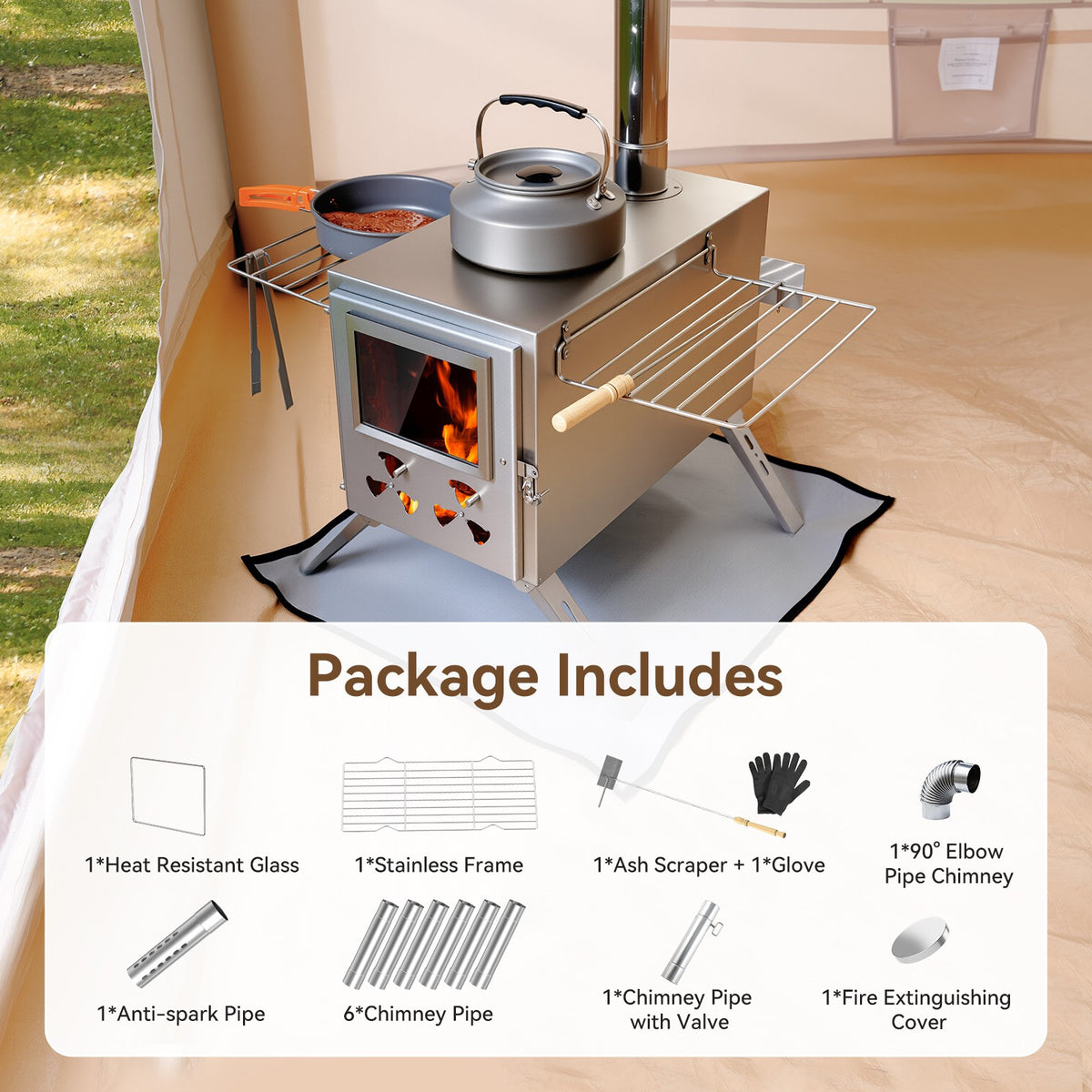 Portable Stainless Steel Tent Stove for Camping, Wood Burning & Heating