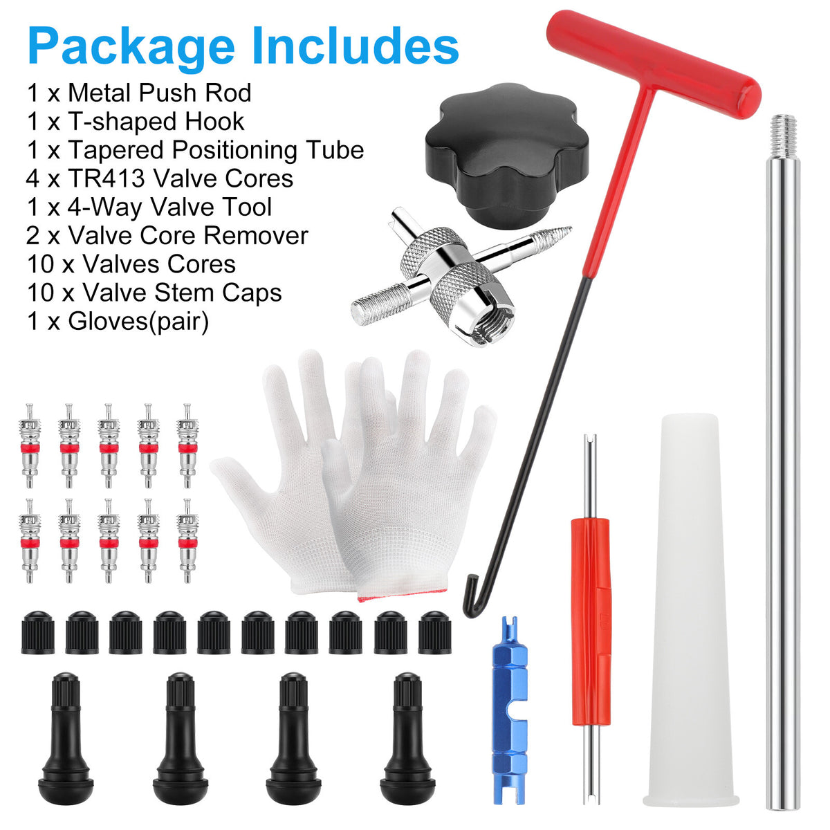 30PCS Tire Valve Repair Kit with 4-Way Valve Tool & Replacement Cores