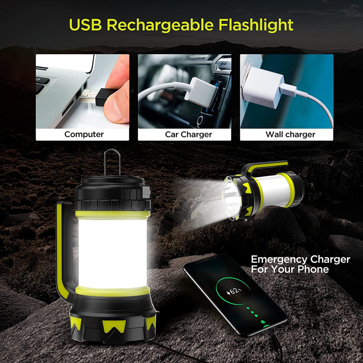 2-in-1 Rechargeable Solar Camping Lantern with USB, 6 Light Modes