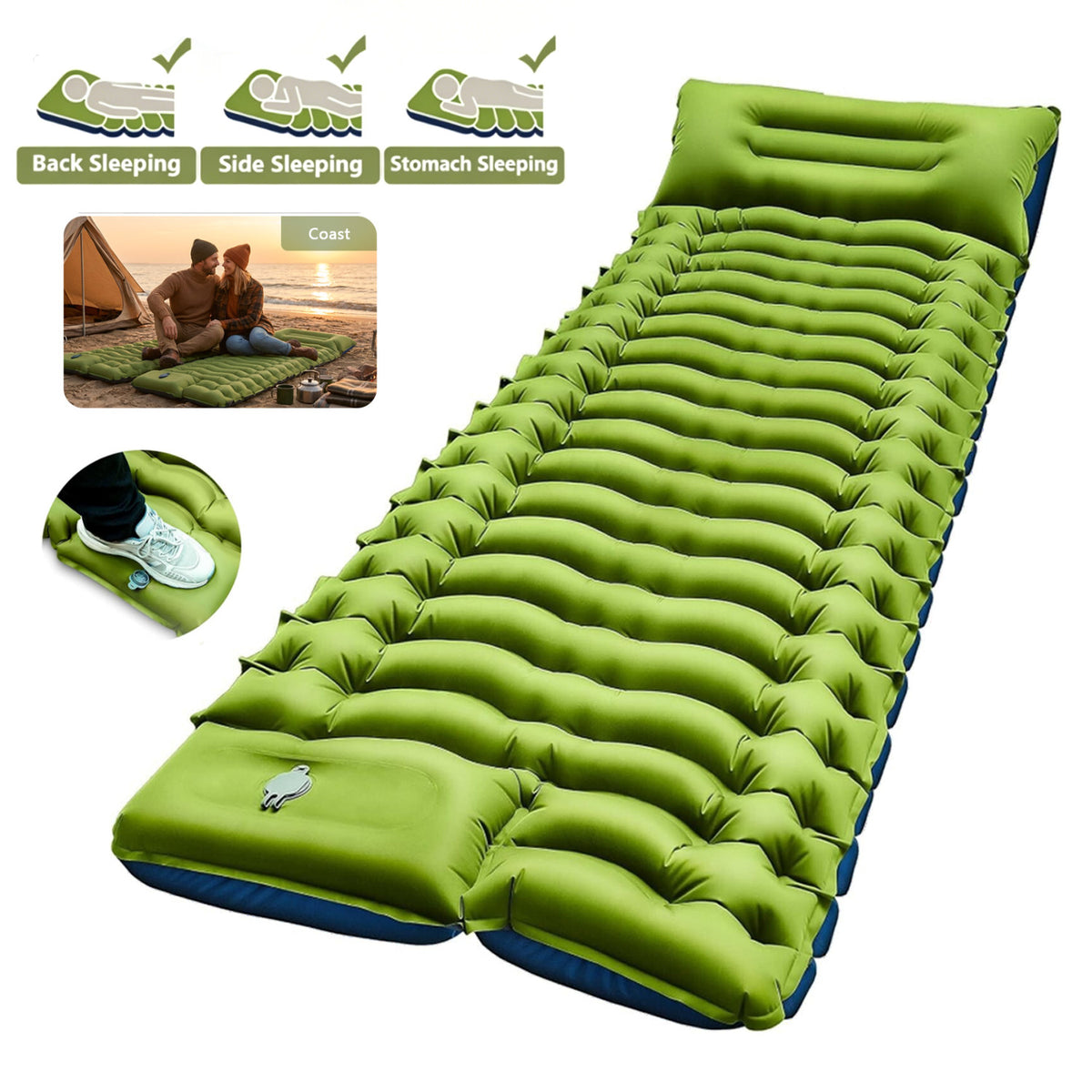 Inflatable Camping Sleeping Pad with Built-in Pillow & Foot Pump