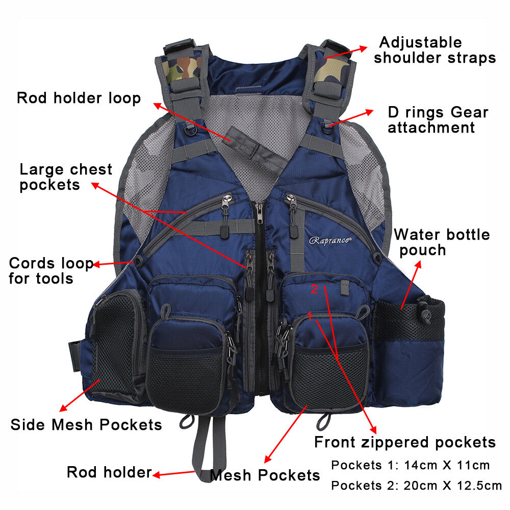 Fly Fishing Vest Adjustable Breathable Mesh Lightweight Packable Blue One Size