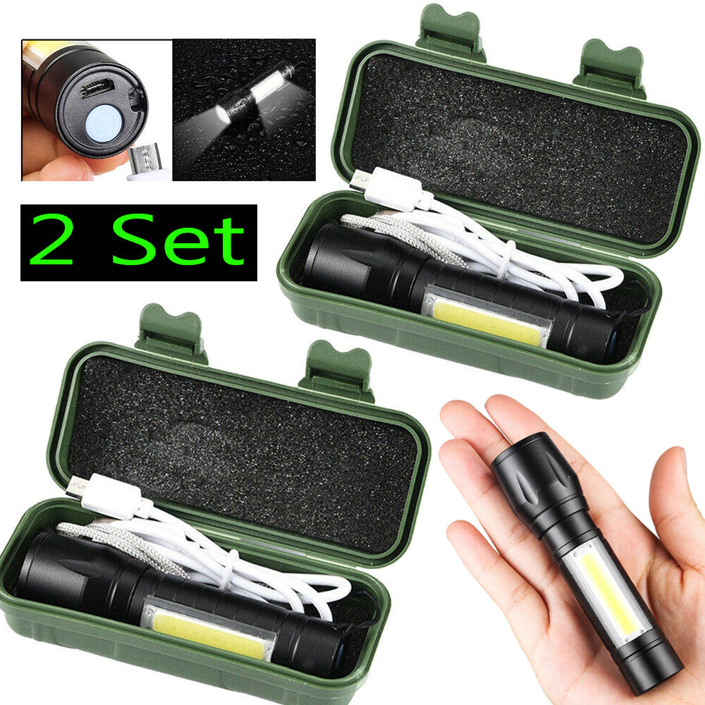 Rechargeable COB LED Flashlight 2 Pack - 3 Modes, Zoom, Side Light