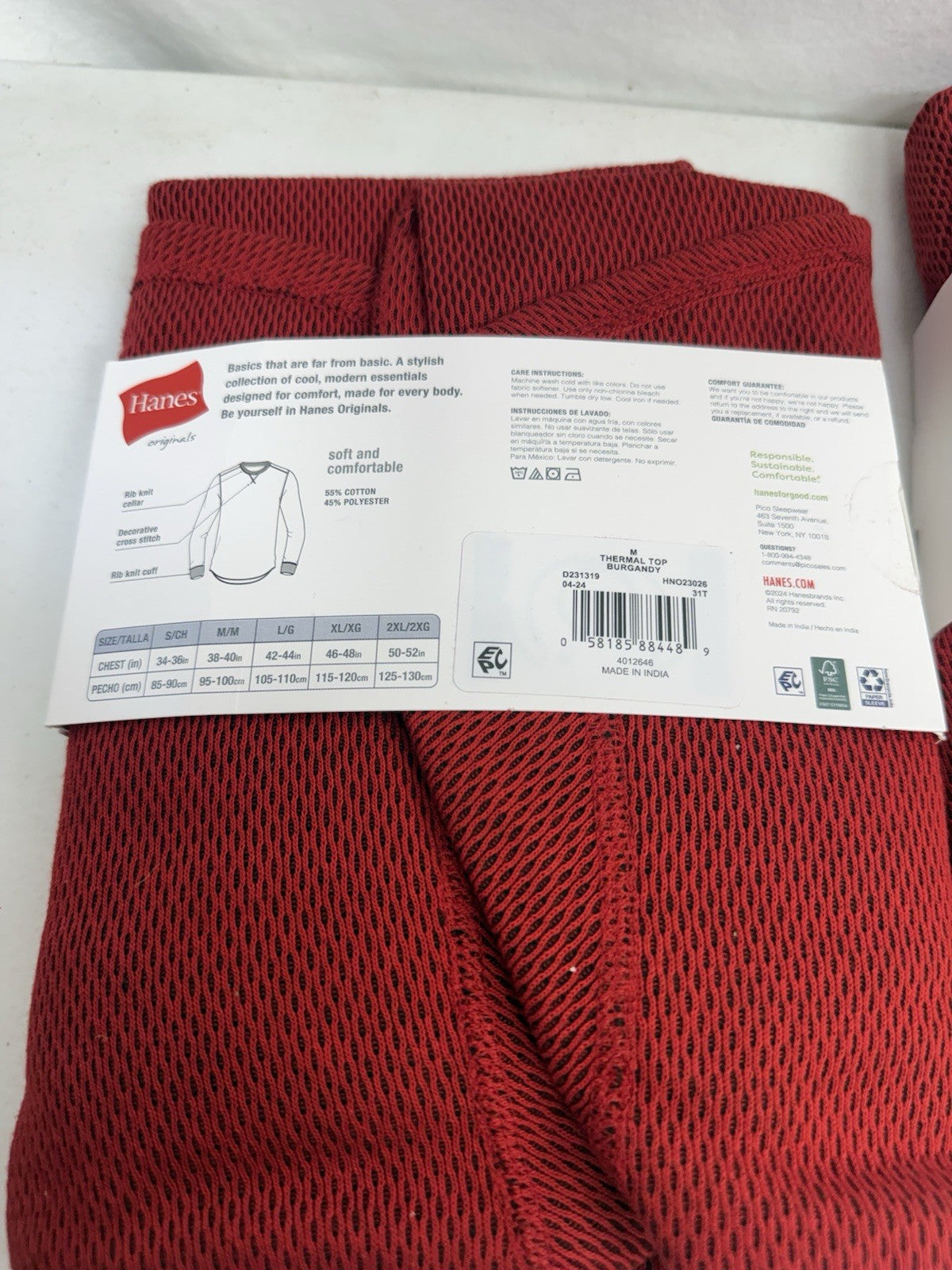 Hanes Men's Reversible Thermal Crew Top & Pants Set, Size Medium