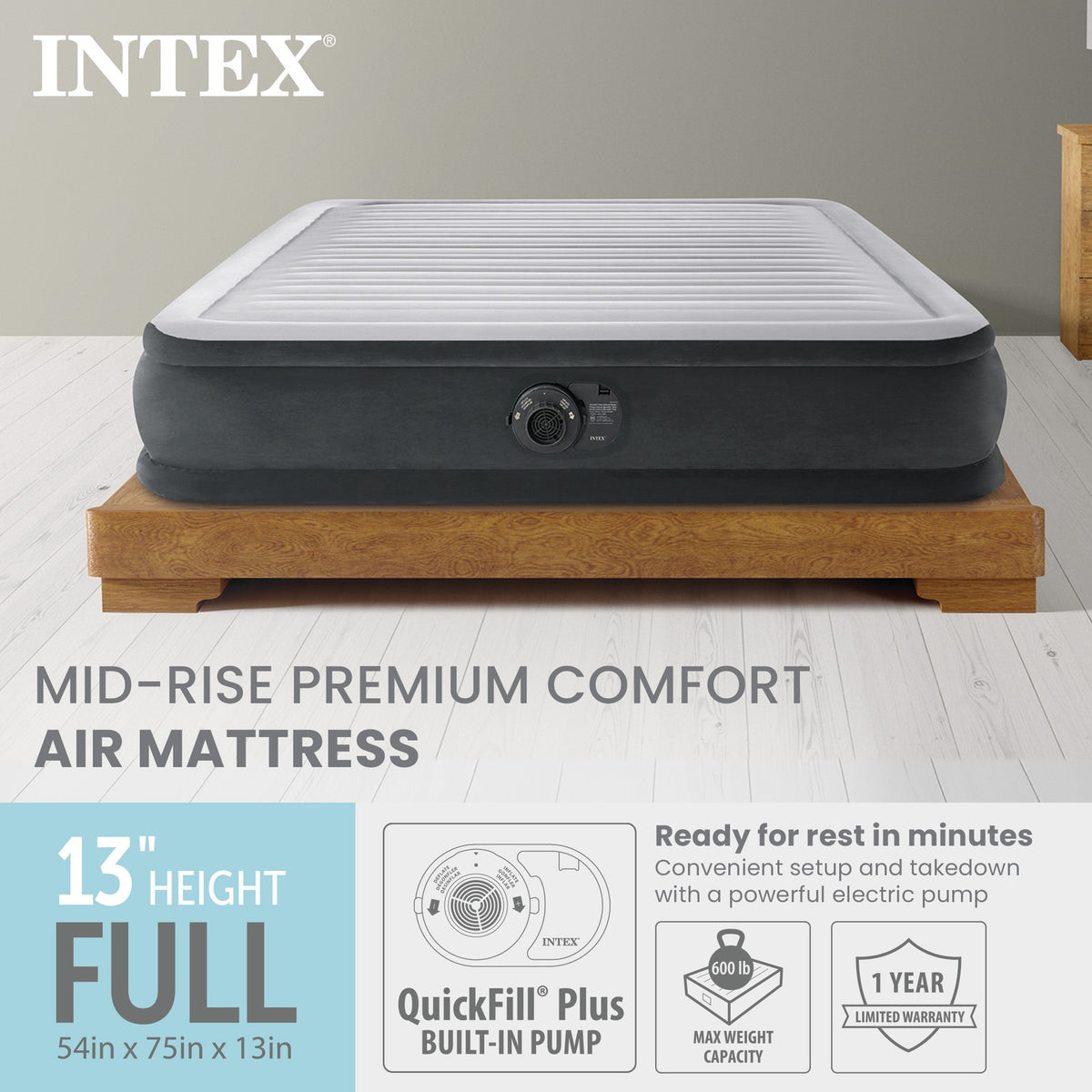 Full-Size Deluxe Air Mattress with Built-In Pump - Intex Comfort Dura-Beam Plush