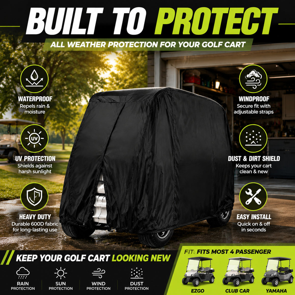 Heavy Duty Waterproof 4-Passenger Golf Cart Cover - UV & Windproof