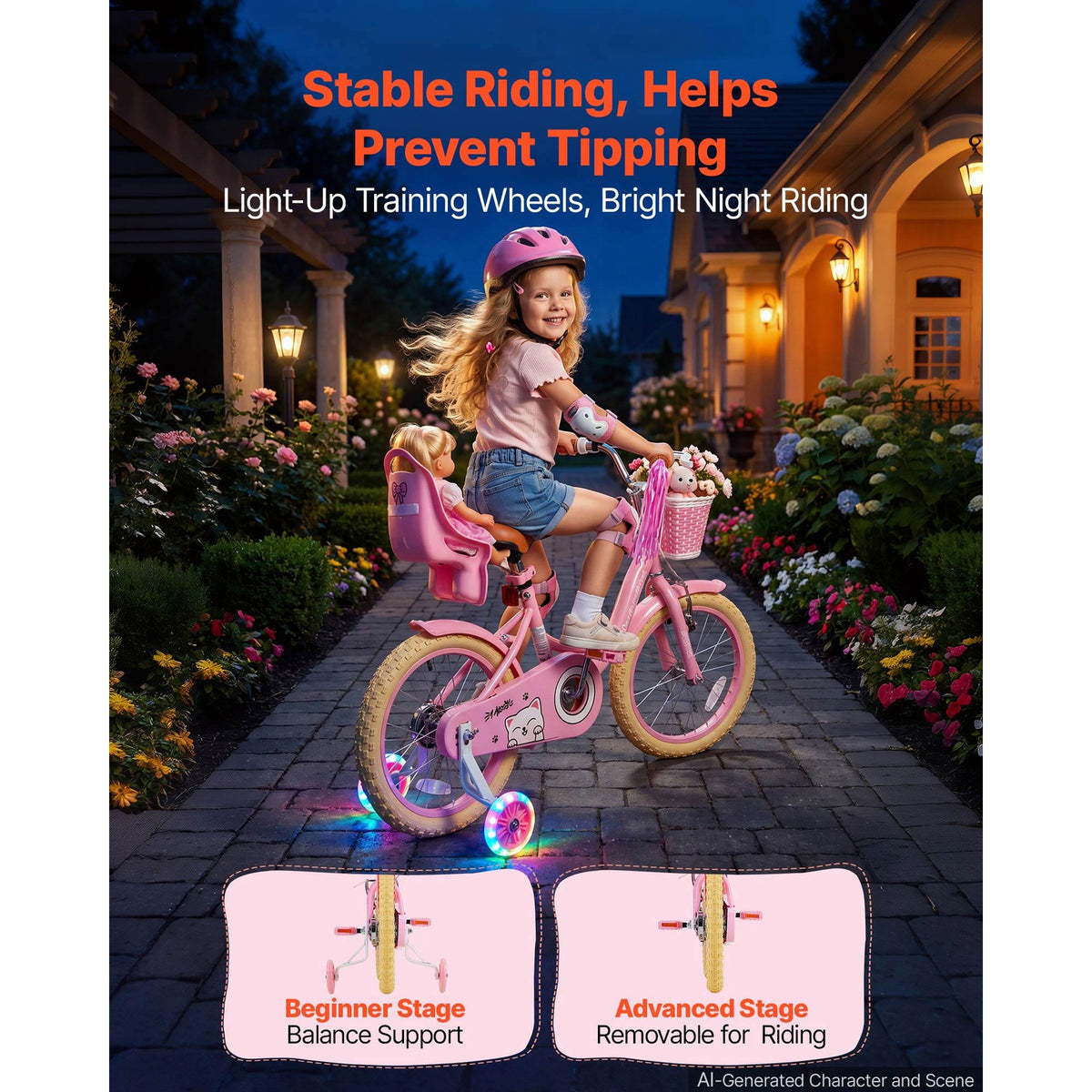Kids' 16-Inch Bicycle with Training Wheels for Girls, Dual Brakes, Pink