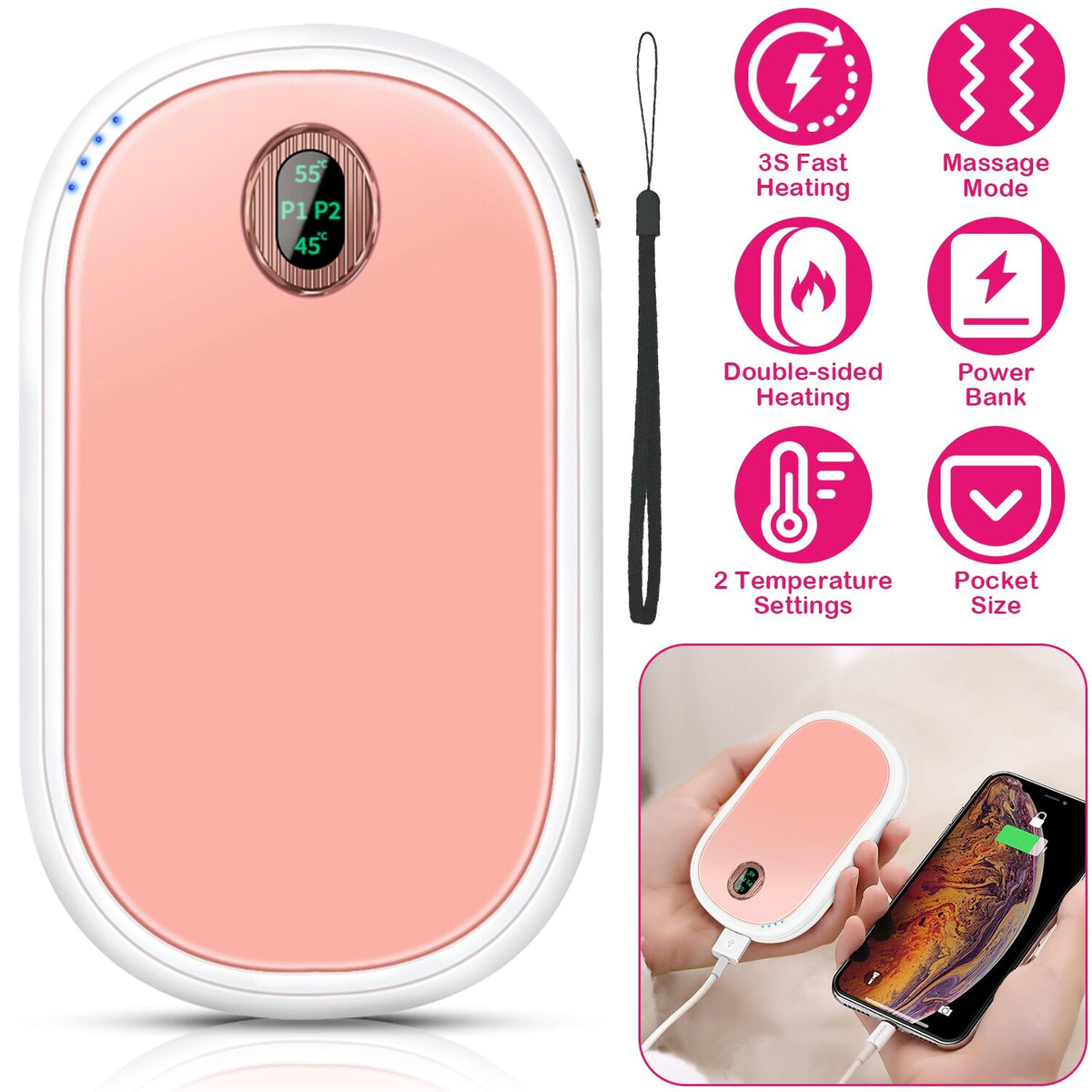 Rechargeable Hand Warmers Power Bank with USB Charging and Adjustable Heat