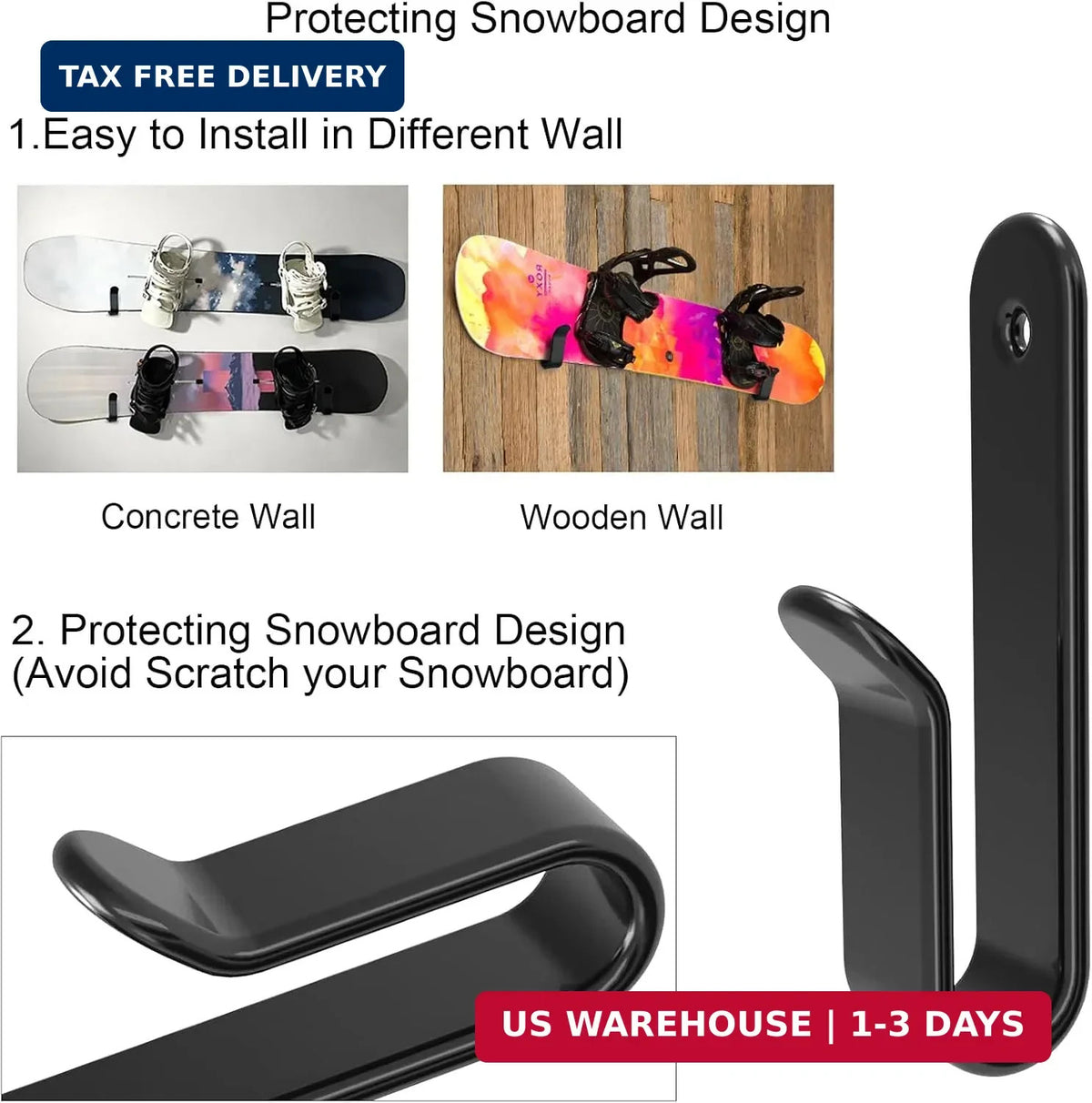 Snowboard Wall Mount Clips Set - Indoor Snowboard & Skateboard Storage