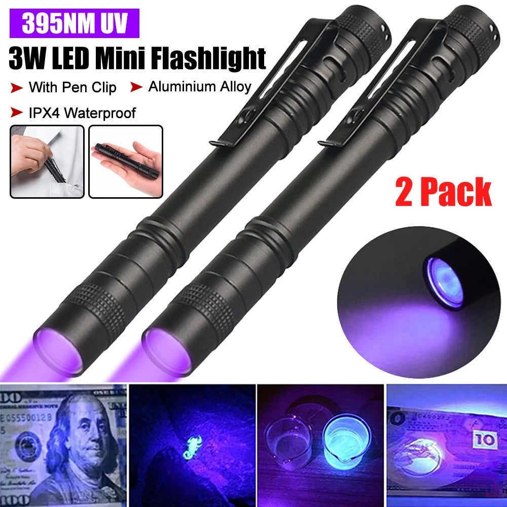 395nm UV Light Pen Flashlight Clip Waterproof Mini Torch for Currency Verification