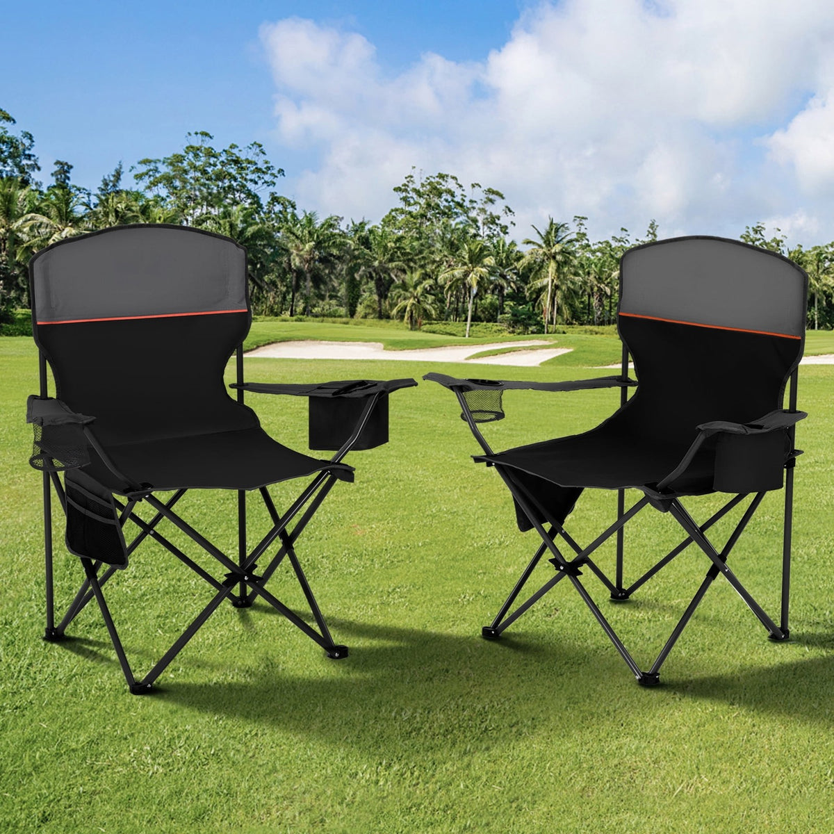 Portable Camping Chairs 2-Pack with Cooler Bag & Side Pocket, Folding Outdoor Seating