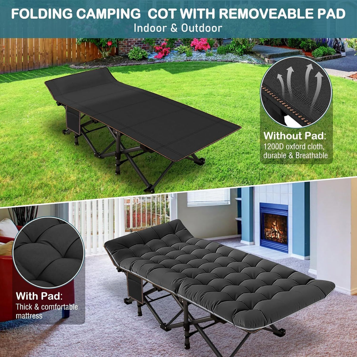 XXL Camping Cot with Mattress - Extra Wide Foldable Bed for Adults, Portable Travel Bed