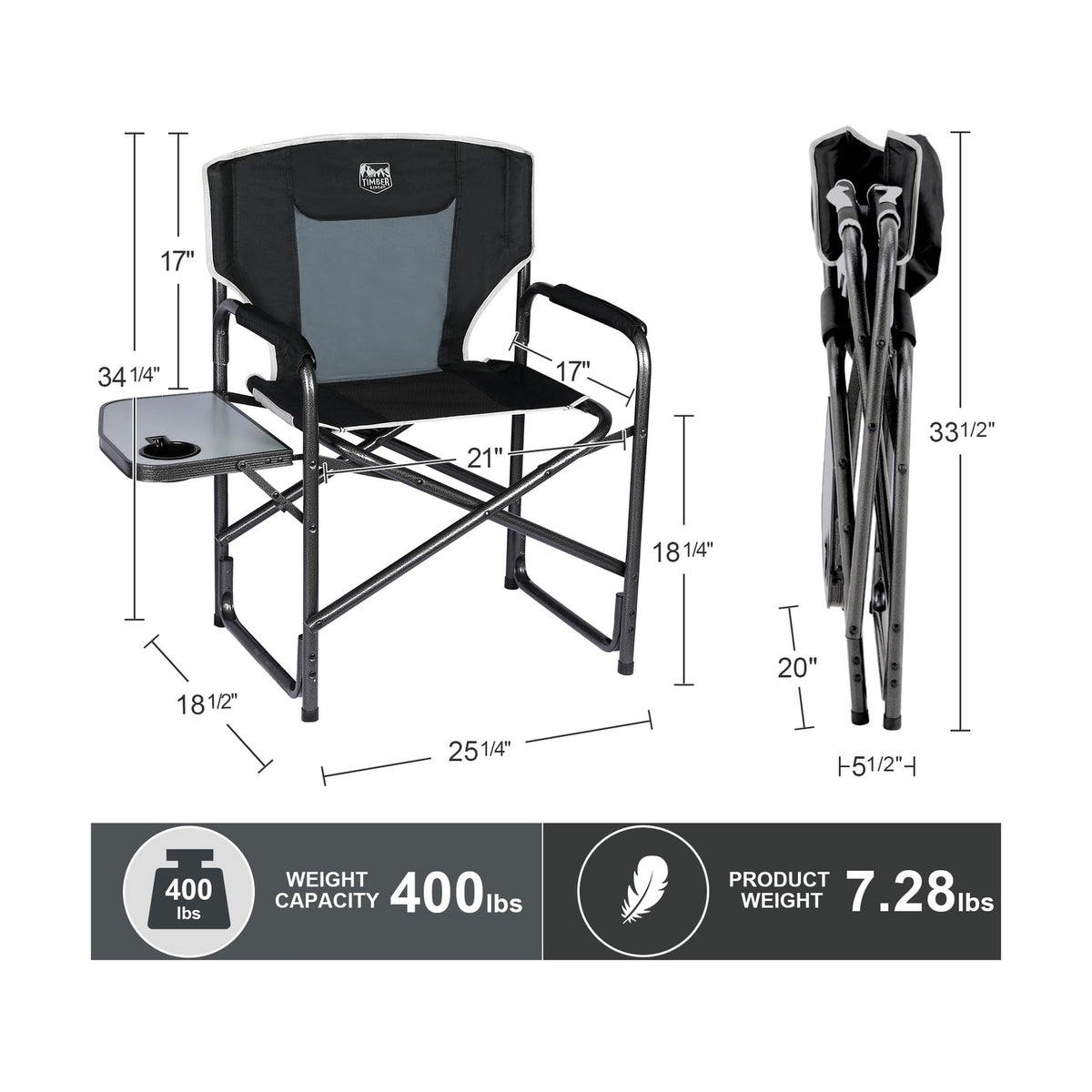 Outdoor Camping Chair with Side Table Lightweight Folding Heavy Duty Support 400lbs