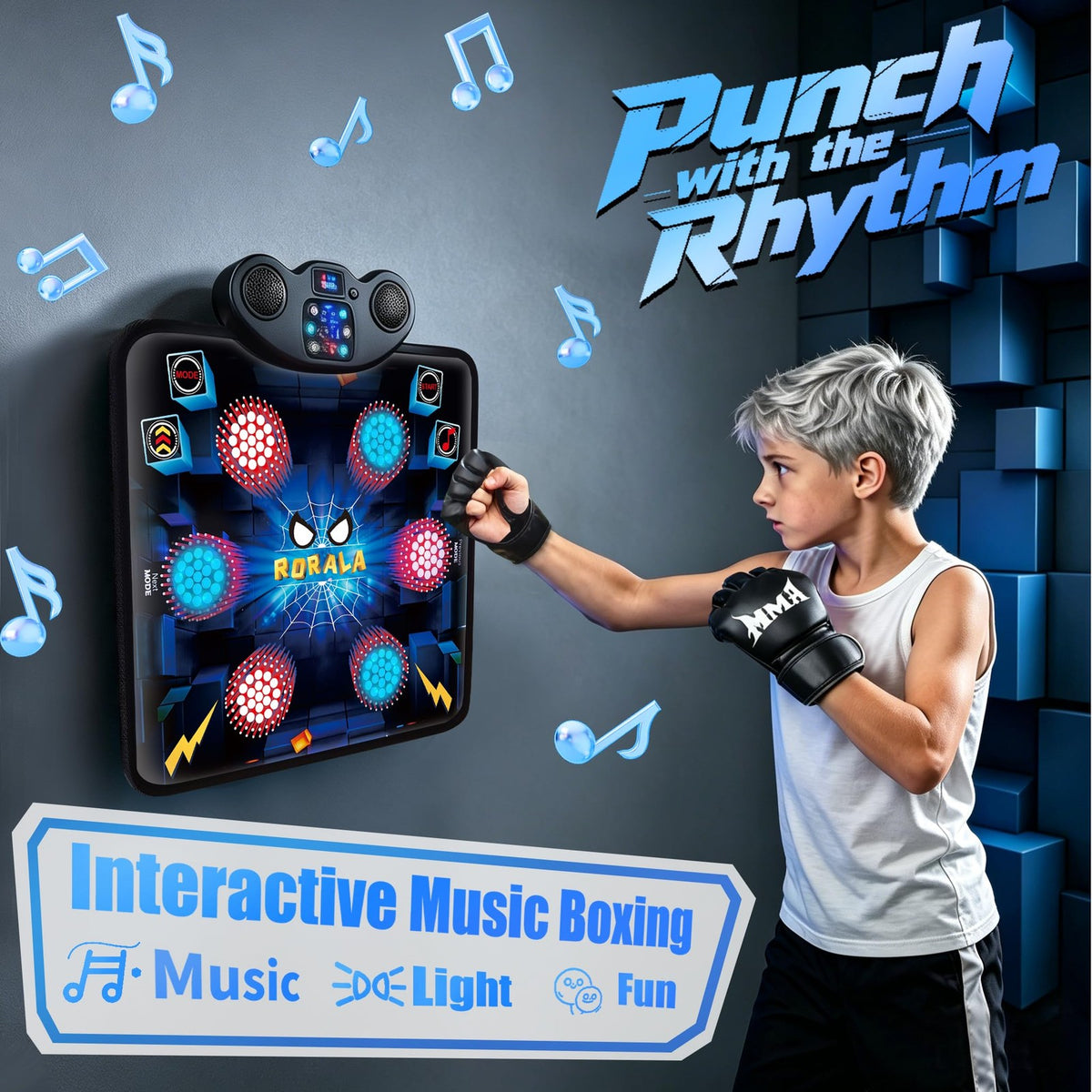 Smart Music Boxing Machine with Gloves, Wall Mounted, 10 Modes, Black