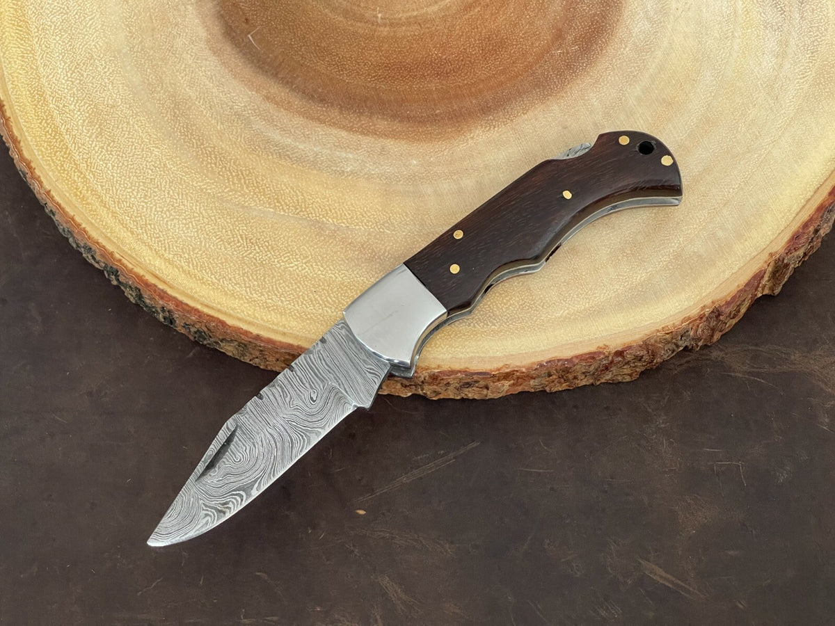 Damascus Folding Pocket Knife with Small Defects Handmade, Multiple Variants