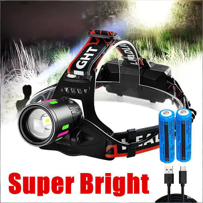 Rechargeable LED Headlamp with Zoomable Focus, Waterproof, 90° Swivel, USB-C