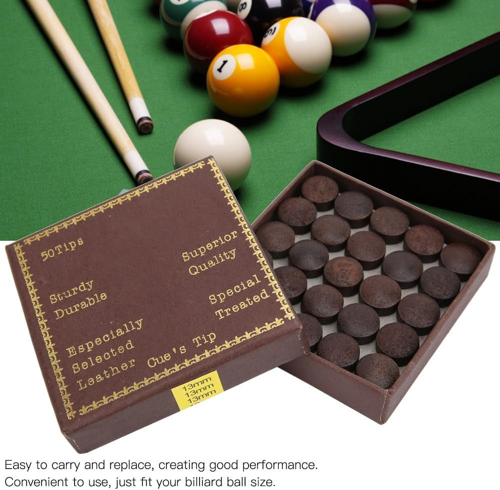 13mm Cowhide Billiard Cue Tips - 50 Pack Brown-Red Replacement Tips