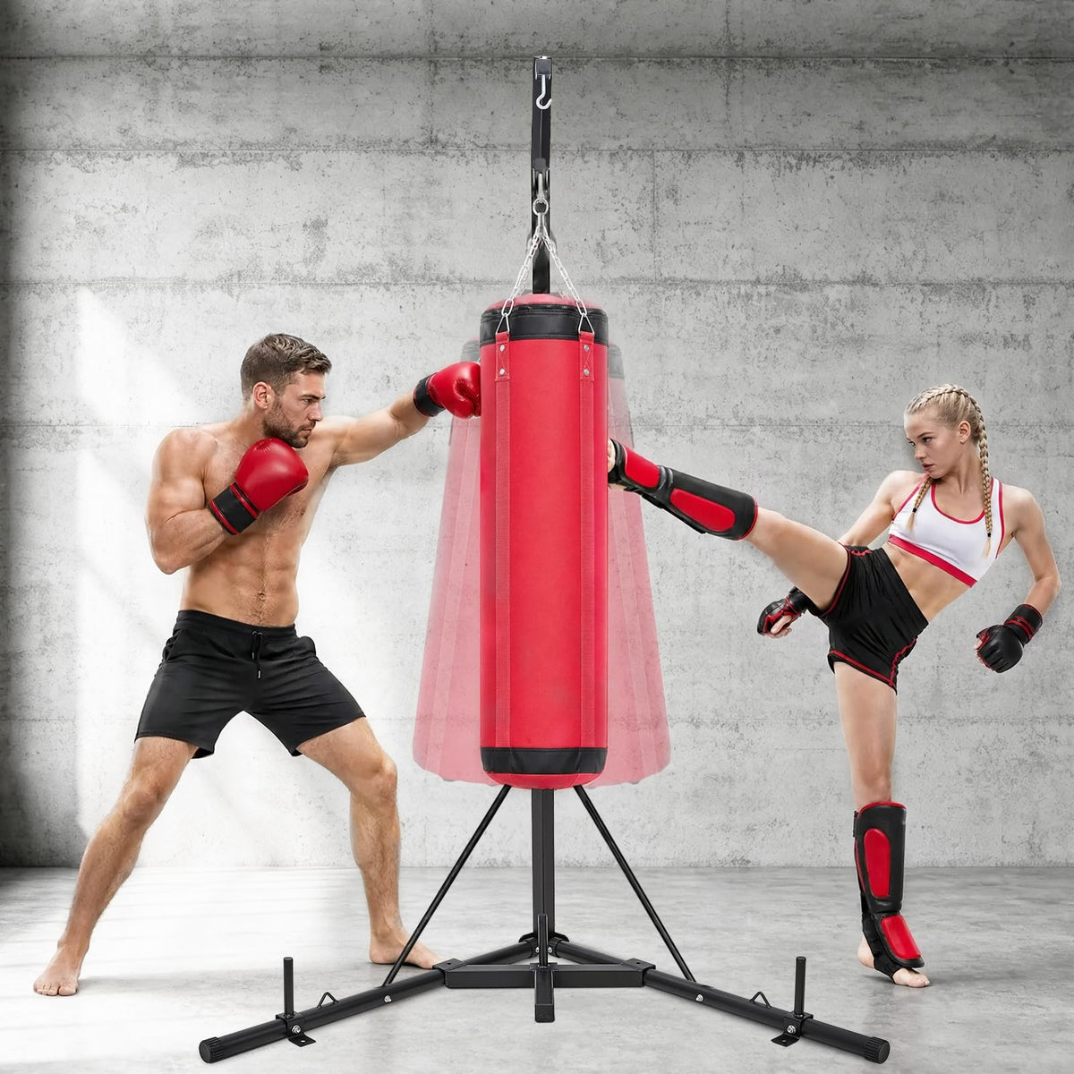 Foldable Boxing Stand with Bag Support, Steel Frame, Adjustable Height 72.8-90.9"