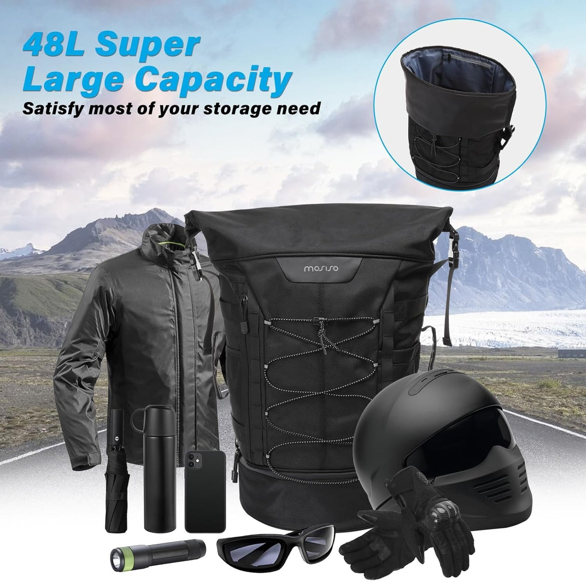 Motorcycle Sissy Bar Backrest Bag with Expandable Luggage & Rain Cover