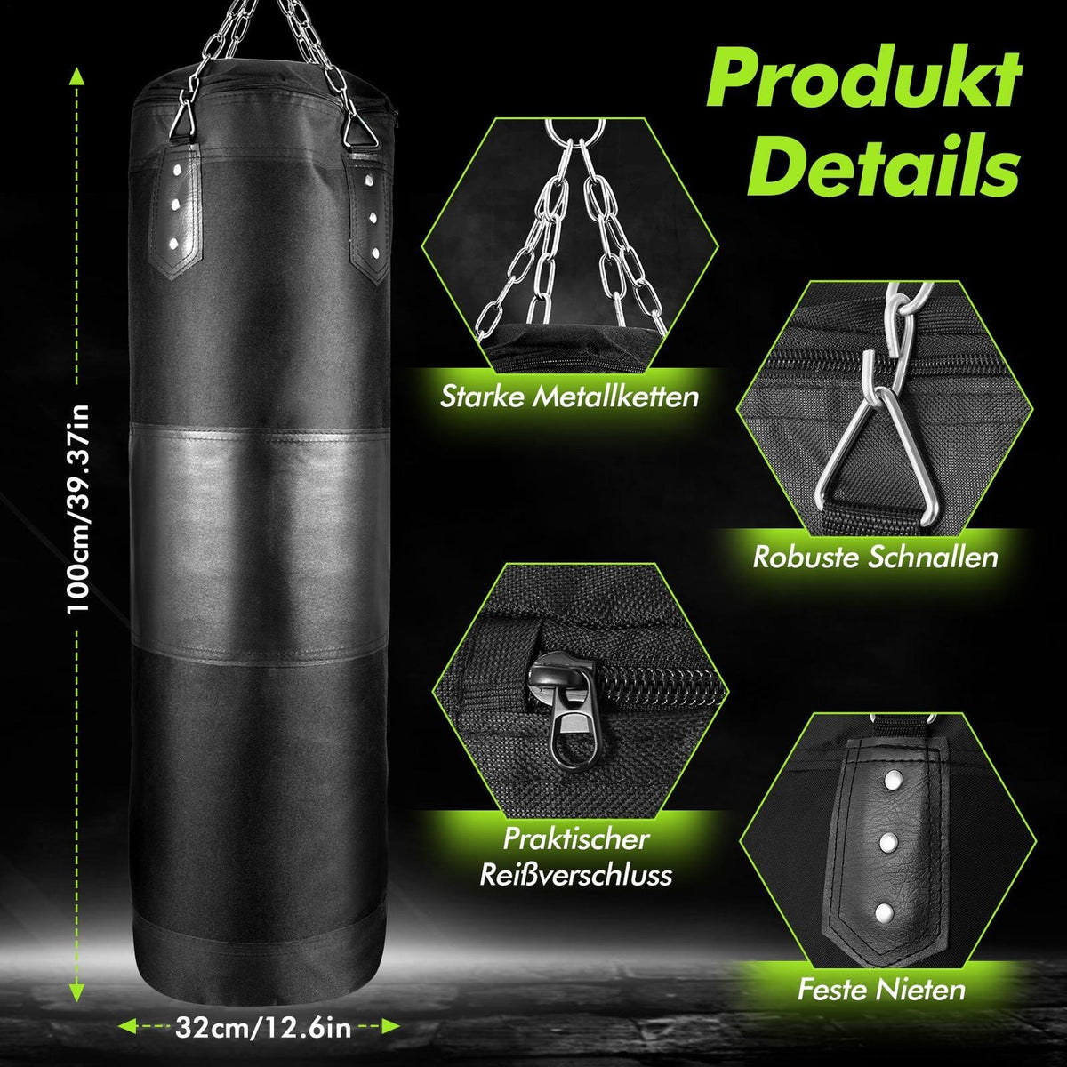 Heavy Duty Unfilled Boxing Punching Bag 3.28ft Oxford Leather Chain