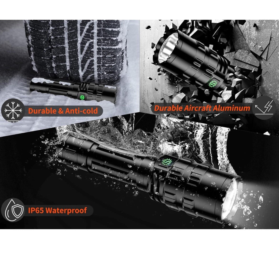 High-Output Tactical Flashlight 1600 Lumens 300m Beam IP65 Waterproof