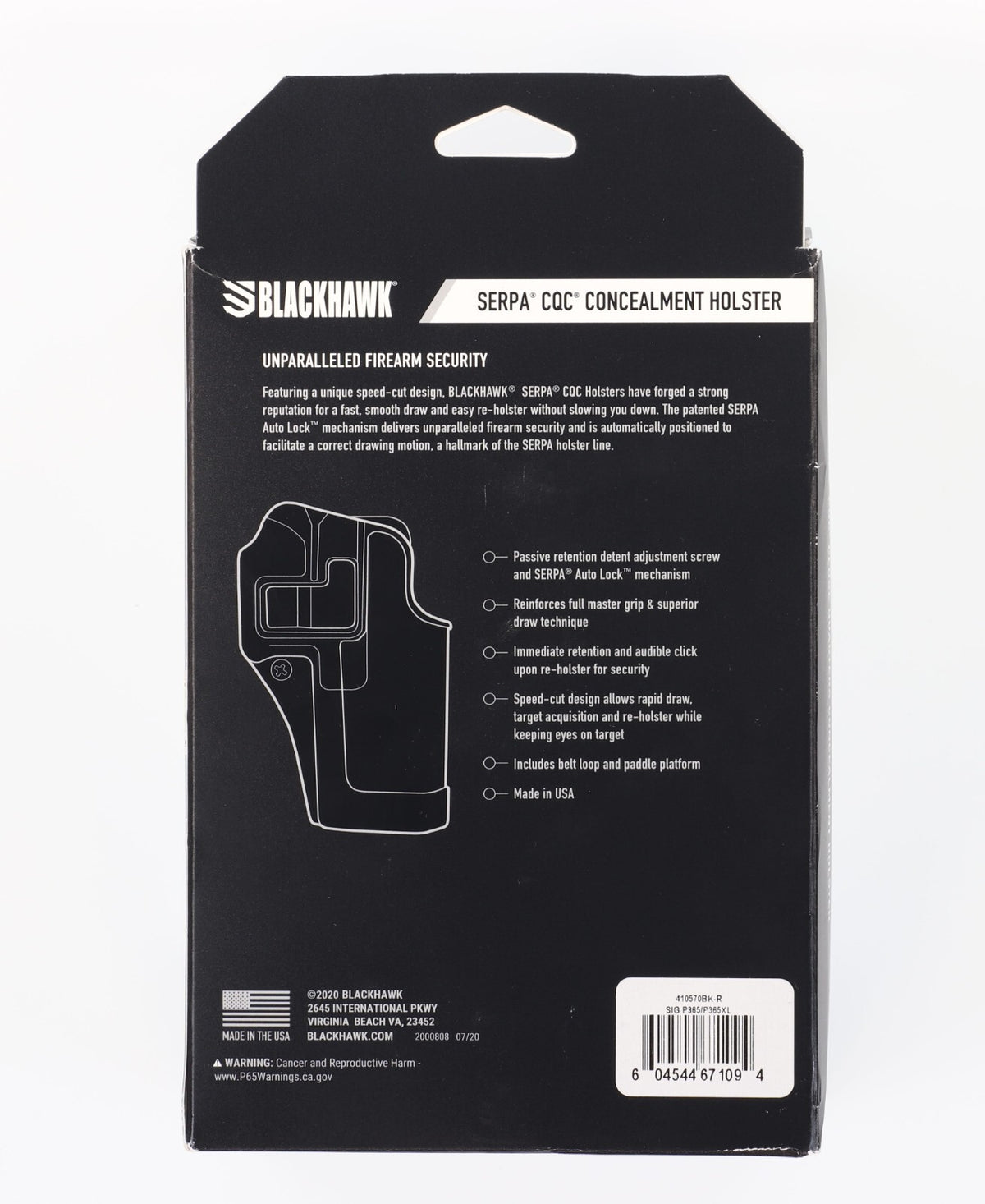 Handgun Holster for Sig P365 P365XL Concealed Carry Level 2 Retention - Blackhawk Serpa