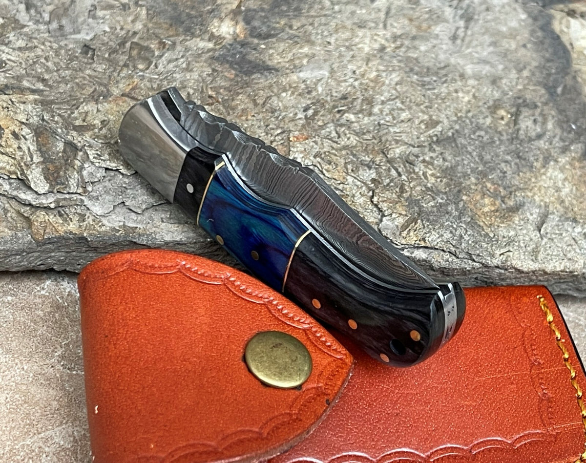 Handmade Damascus Folding Knife with Multiple Color Variants