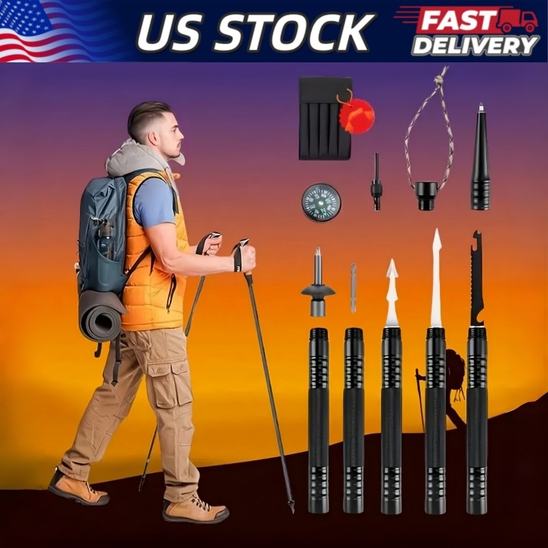 Multi-Function Tactical Hiking Stick with Compass Saw & Fire Tool - Aluminum