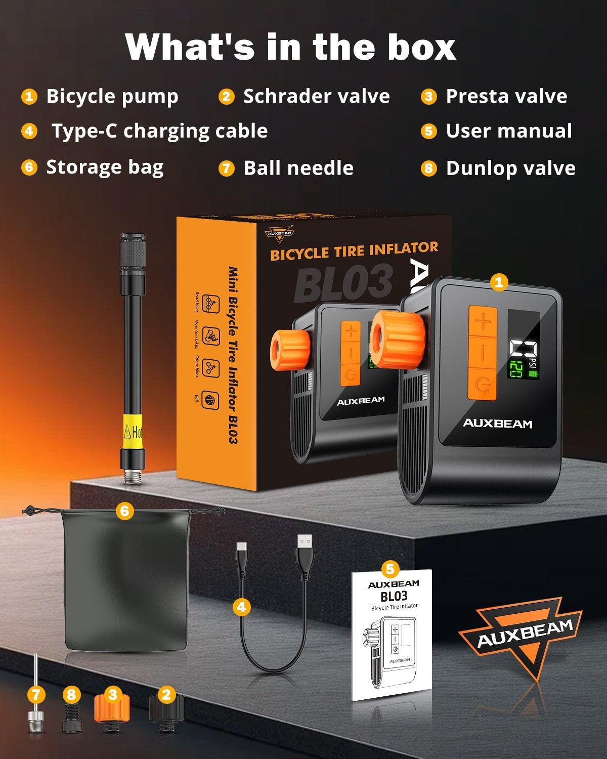 Electric Bike Pump Portable Air Compressor 120 PSI Brushless Motor Rechargeable
