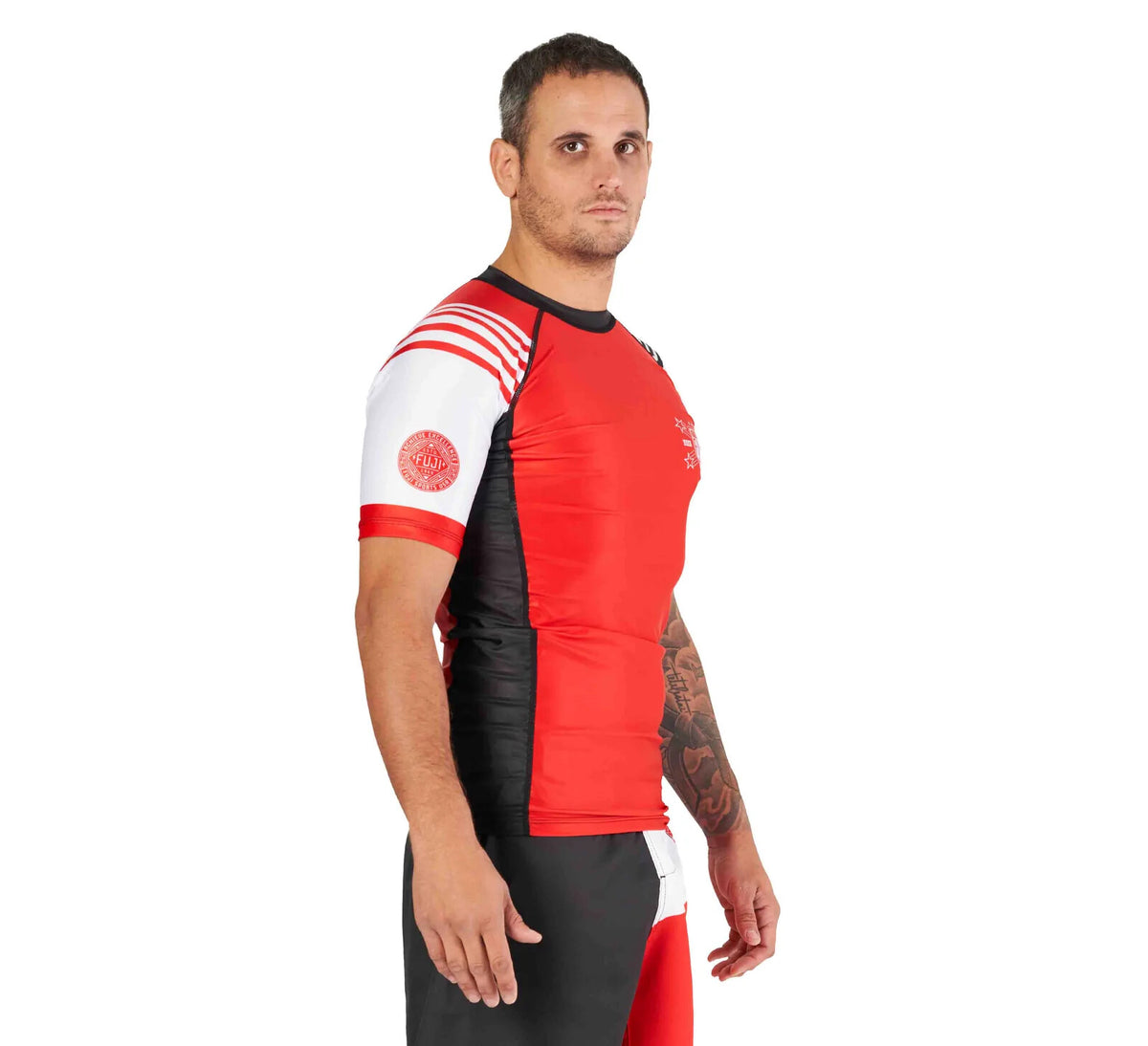 MMA Rashguard Short Sleeve Compression Top for Jiu Jitsu & BJJ - Black/Red