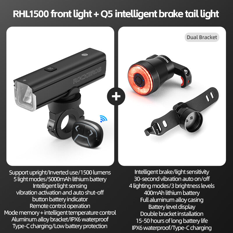 High Brightness Bike Front & Rear Light Set USB-C LED Headlight 1500LM