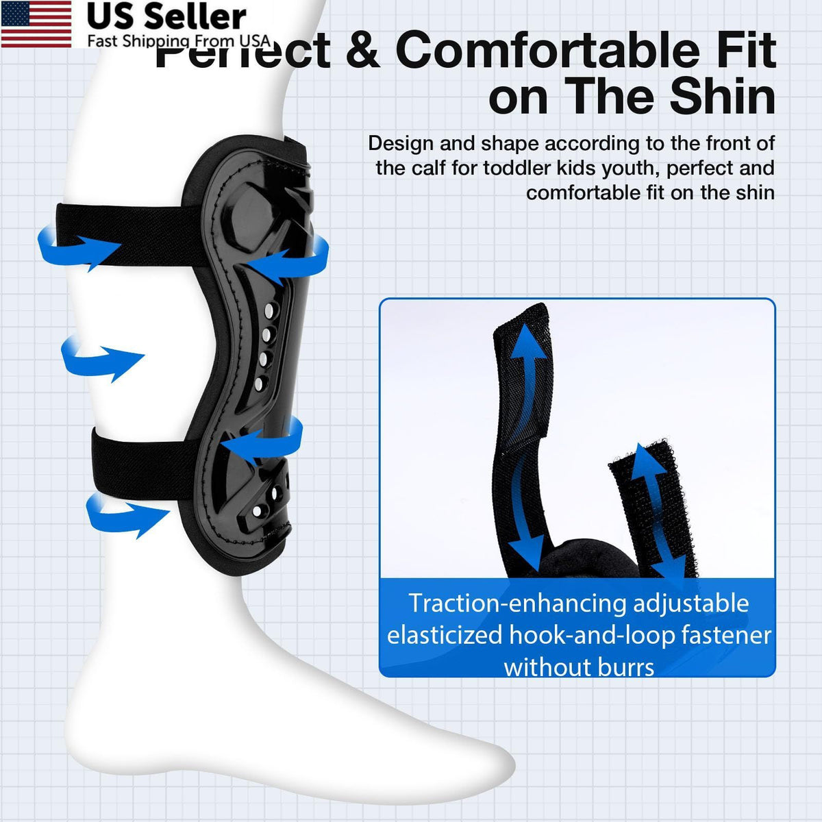 Youth Soccer Shin Guards with Shock Absorption Adjustable Fit - Black & White