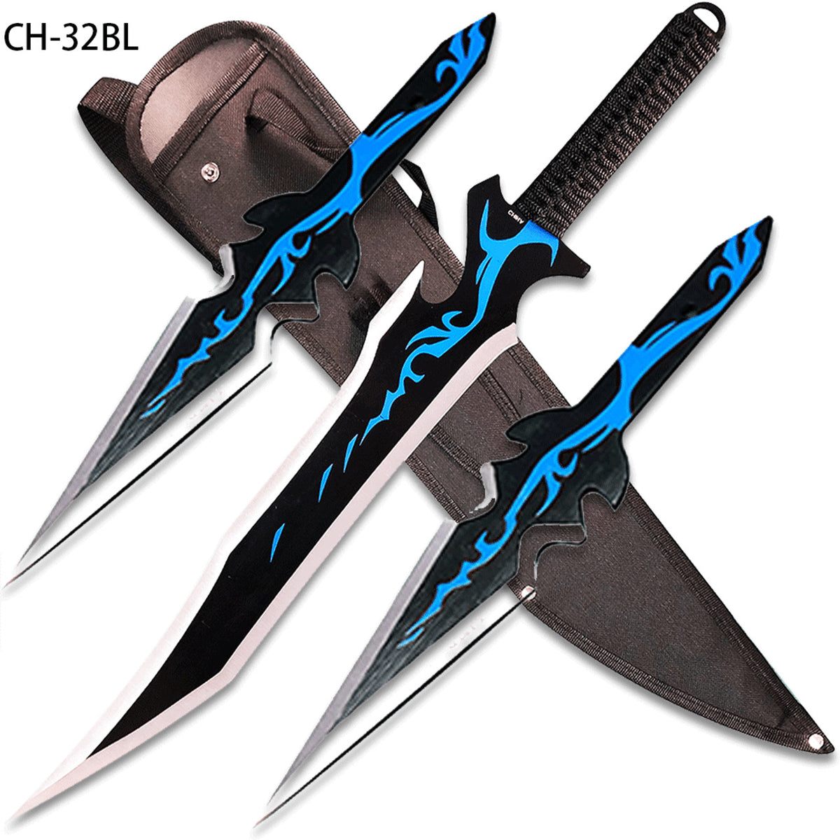 Fantasy Ninja Warrior Sword & Knife Set 26-inch with 2 Throwers, Black & Blue Flames