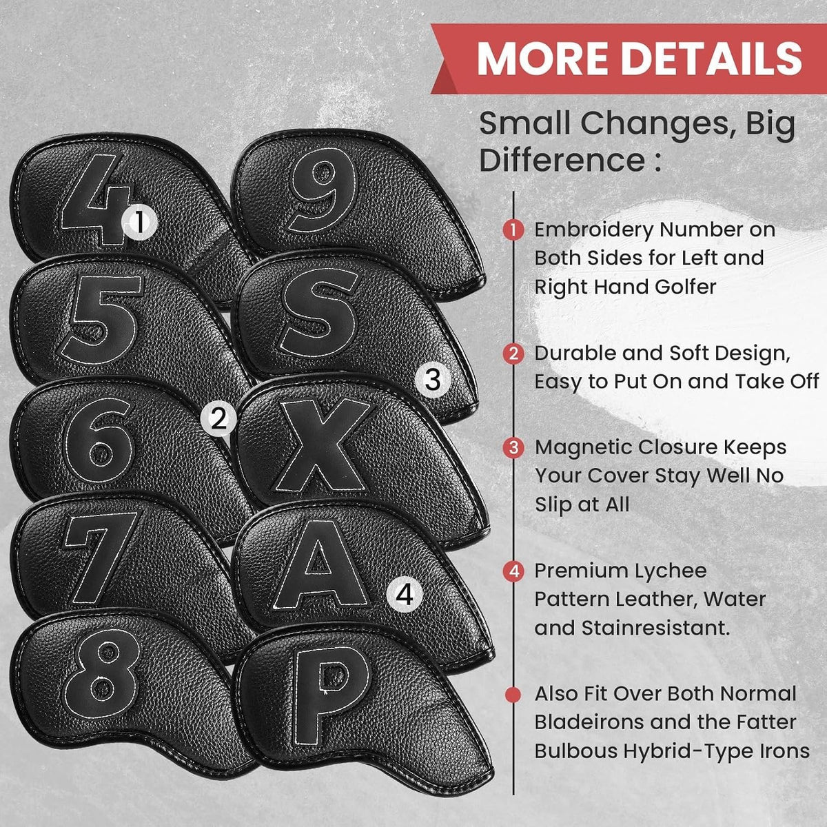 Magnetic Leather Golf Iron Head Covers Set - Durable Club Protection