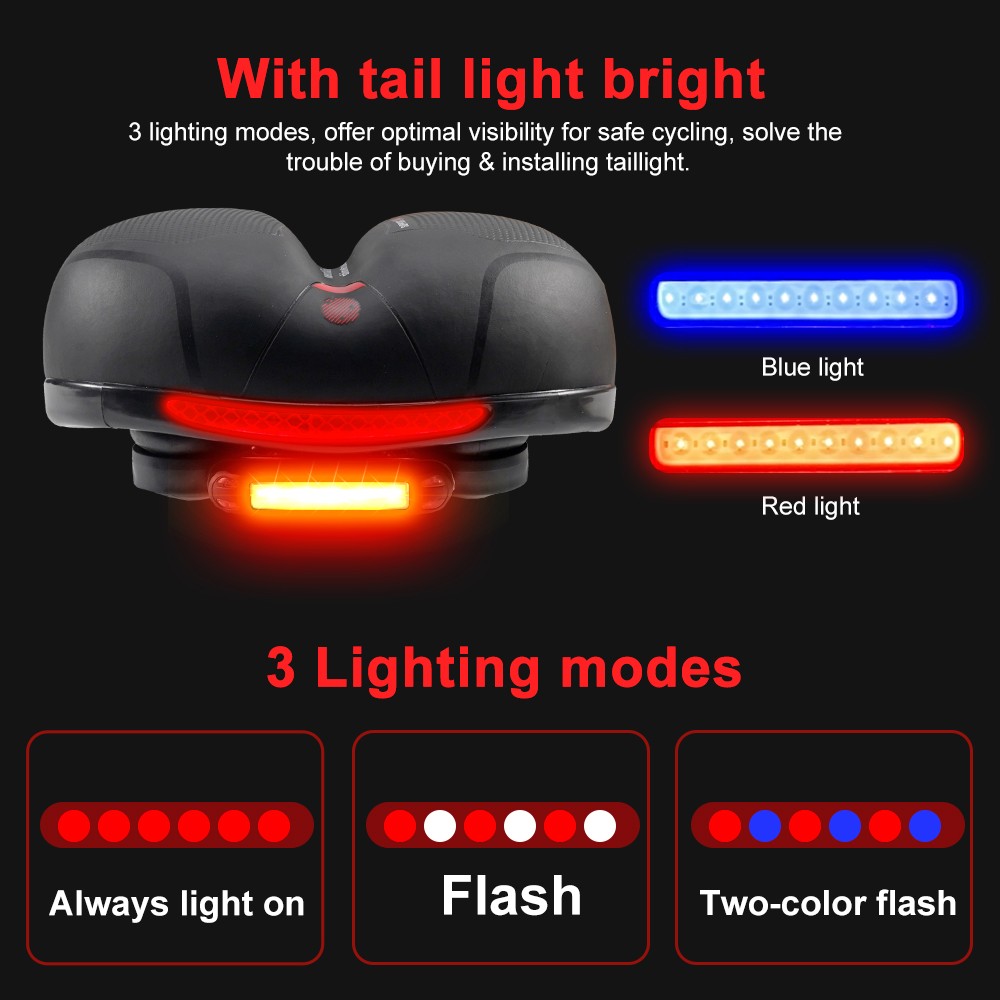 Comfort Bike Saddle with Tail Light Shock Absorbing Waterproof Cover